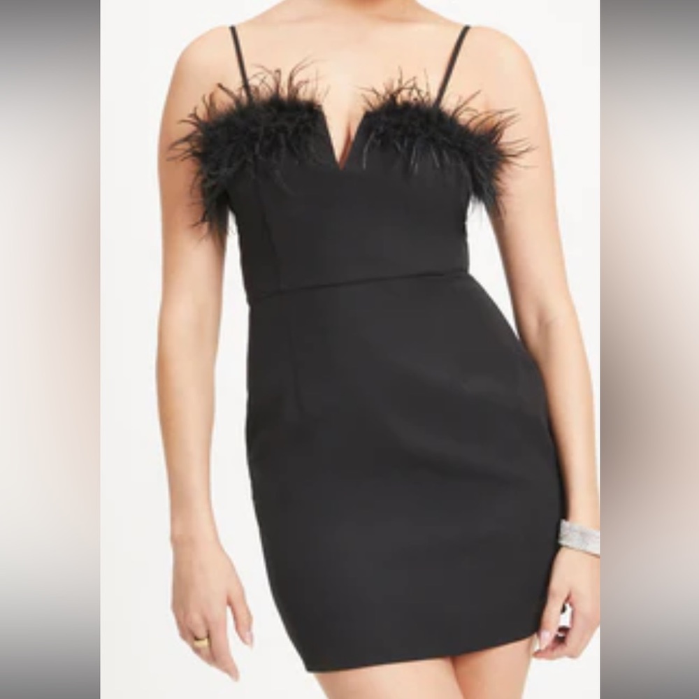 FANCY YOU FEATHER TRIM MINI DRESS - BLACK